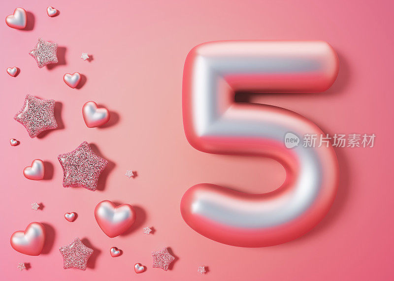 粉红色的渐变数字5粉红色的背景与闪亮，闪闪发光的星星和心。象征5。第五个女孩的生日聚会，女性商业周年纪念，或者庆祝第五个里程碑的活动。3 d。